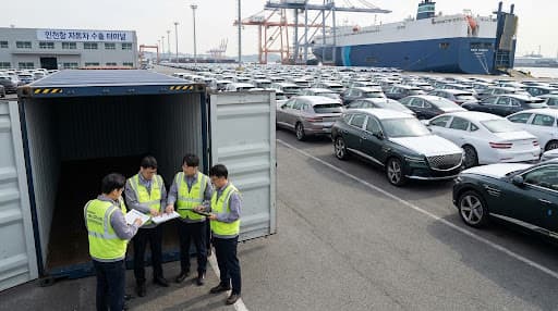 Korean vehicle export yard with vehicles prepared for international shipment