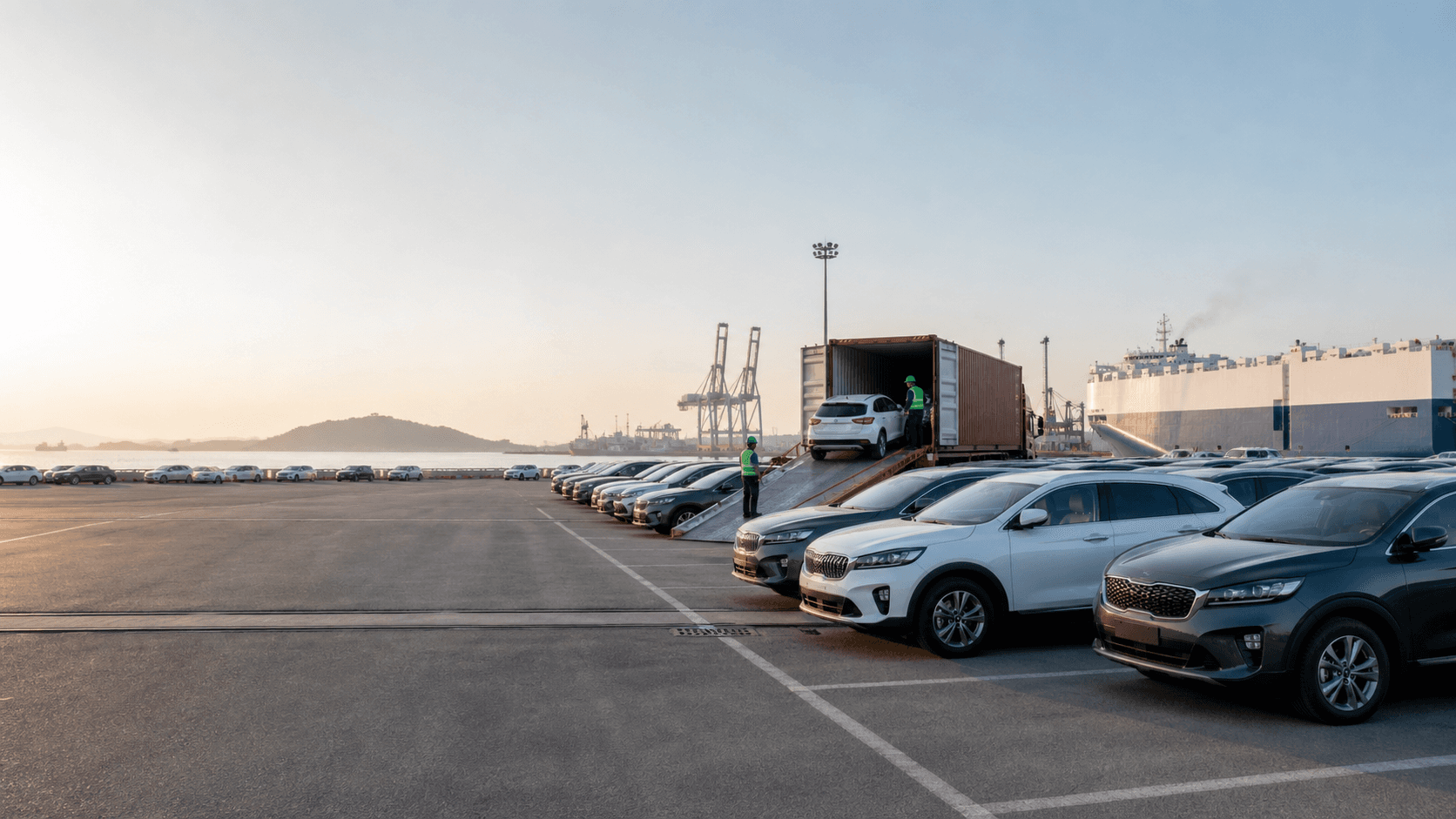 Vehicles prepared for export at a South Korean port