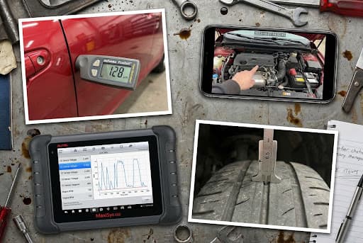 Vehicle inspection tools including paint gauge, OBD scanner, and tire gauge